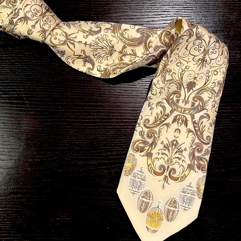 Gianfranco Ferré 100% Silk Tie | Baroque Scroll & Fabergé Egg Print | Italy